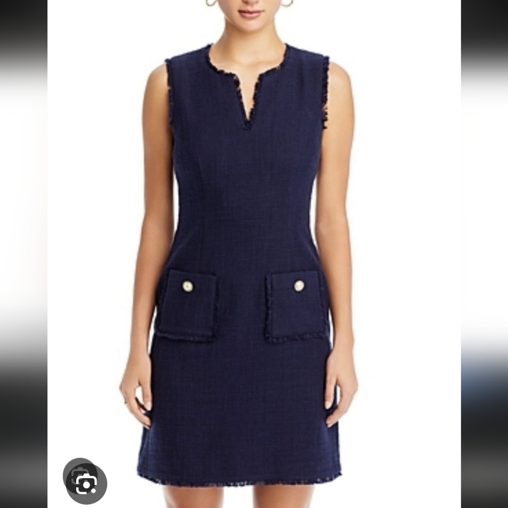 Karl Lagerfeld Navy Sleeveless Tweed Mini Dress- Missing one button. Size 6